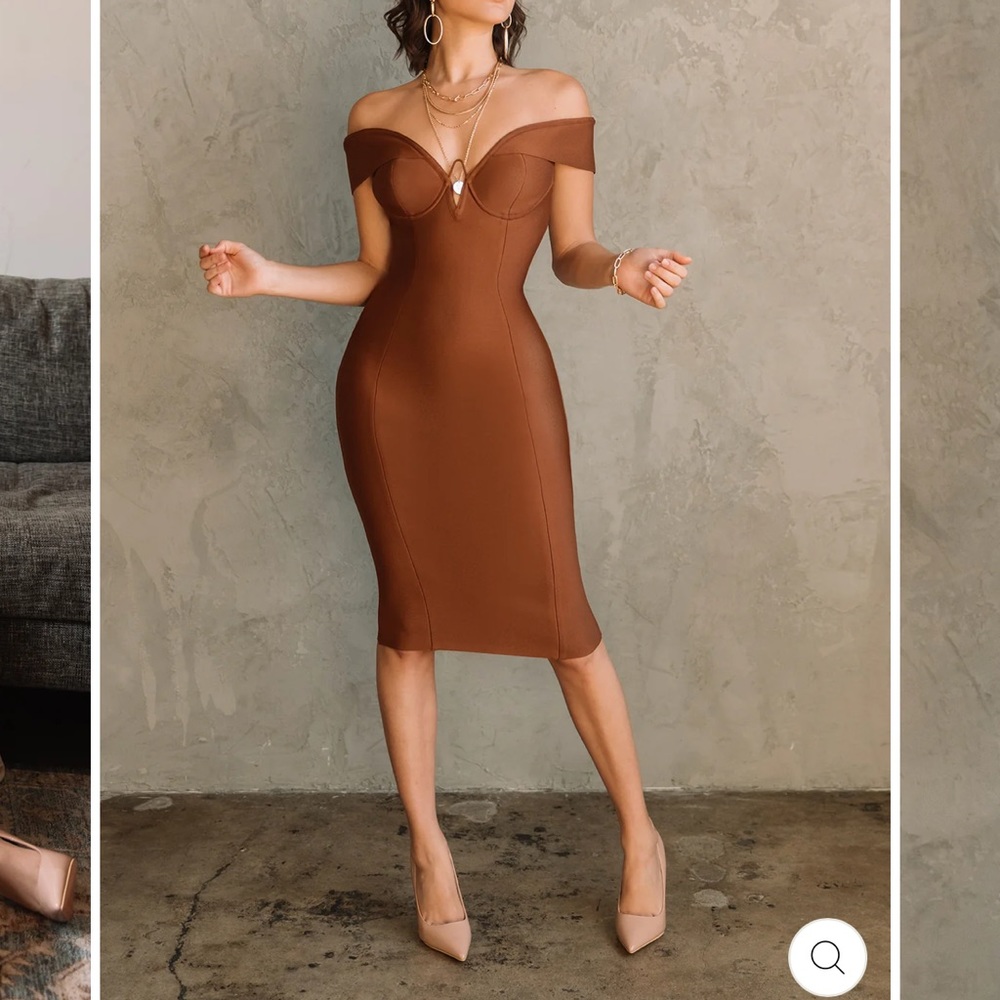 ALIEVA Jade Off-Shoulder Dress in Tawny Brown Size Medium